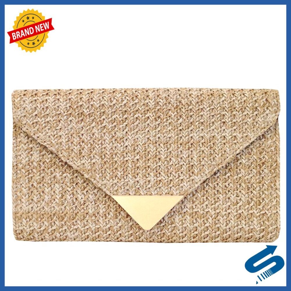 Straw Clutch with Crossbody Chain, Magnetic Closure, Zipper Pocket